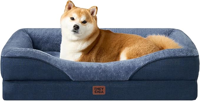 EHEYCIGA Memory Foam Dog Bed for Medium Size, Orthopedic Dog Sofa with Sides and Waterproof Liner, Washable Bolster Pet Couch with Removable Cover, 35x22x6.5 Inch, Navy-PawvioPets
