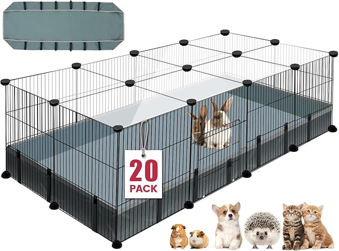 20 Panels Small Animal Playpen, 48" x 24" x 16" Pet Playpen with Waterproof Mat, C&C Cage for Guinea Pigs, Rabbit/Bunny/Baby Chicken Cage,Bunny/Puppy/Chicken Pen Indoor Outdoor Portable Metal Fence-PawvioPets