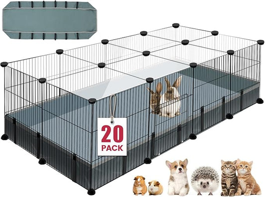 20 Panels Small Animal Playpen, 48" x 24" x 16" Pet Playpen with Waterproof Mat, C&C Cage for Guinea Pigs, Rabbit/Bunny/Baby Chicken Cage,Bunny/Puppy/Chicken Pen Indoor Outdoor Portable Metal Fence-PawvioPets