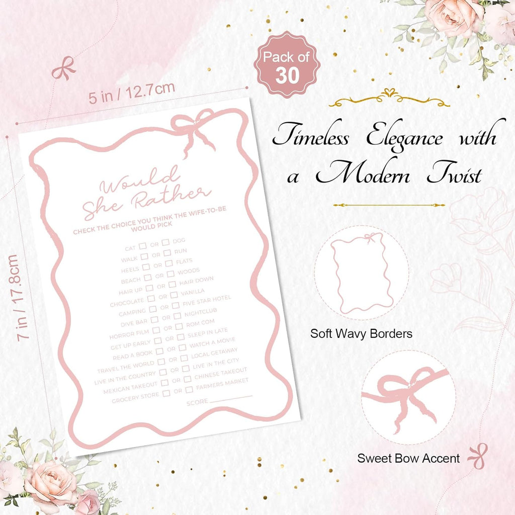 DEEKA 30 PCS Bridal Shower Games Card for 30 Guests White Pink Wavy Border Ribbon Bow Funny Wedding Bachelorette Party Games for Reception (Would She Rather)