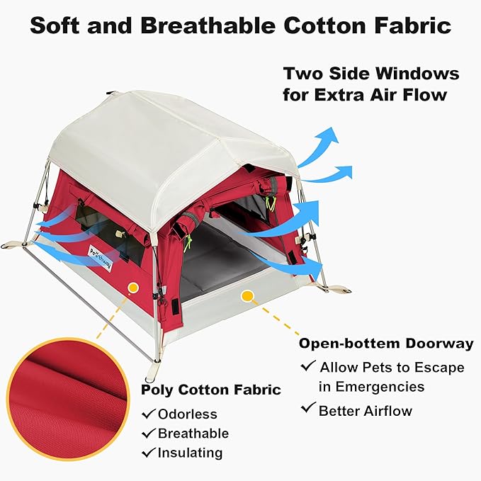 Dog Tent Cotton Fabric, Aluminum Poles and Camping Mat, Outdoor Weatherproof, Dog House Outdoor, Breathable with 2 Side Windows, Portable and Collapsible (Red, Small)-PawvioPets