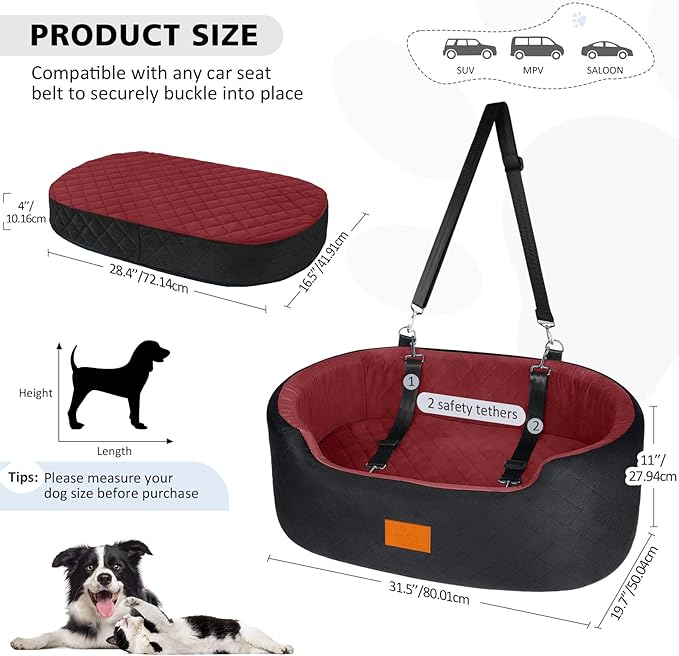 Dog Car Seat for Medium Dogs Up to 50 lbs, Pet Booster Seat for Cars SUVs and Trucks, Travel Dog Bed with Safety Strap, Thick Cushion, Non-Slip Base, Washable and Portable(Black/Red-PawvioPets