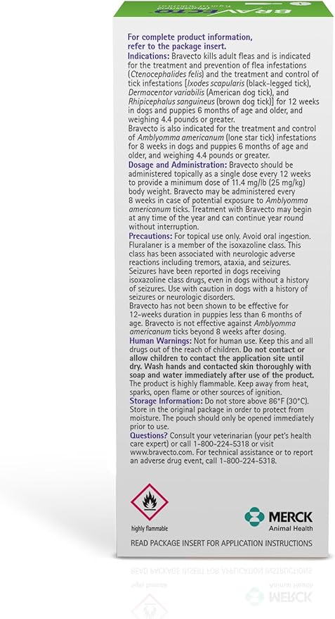 BRAVECTO Topical Solution for Dogs, Flea & Tick, 12 Week Supply, >22-44 lbs., Green Box-PawvioPets