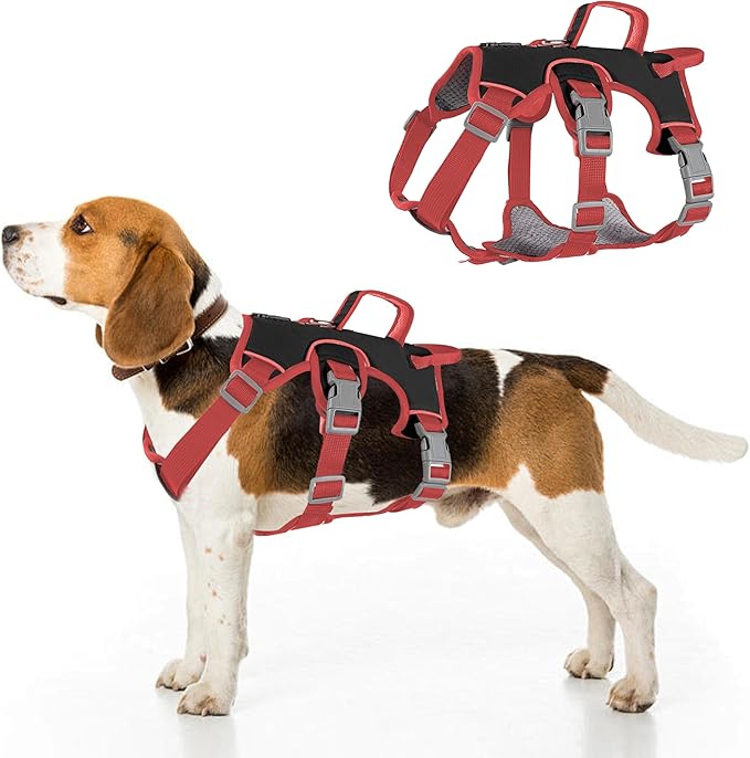 Escape Proof Dog Harness, No Pull Reflective Adjustable Vest with Easy Control Lift Handle, No Choke Soft Padded Breathable Full Body Pet Harness for Walking Hiking and Training (Red, Small)-PawvioPets