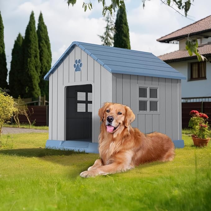 DRATO Dog House Indoor Outdoor for Small to Large Sized Dogs Indoor Outdoor Doghouse Puppy Shelter with Elevated Floor, Easy to Assemble (Blue, 38Inch(37.8 * 40.87 * 38.82))-PawvioPets