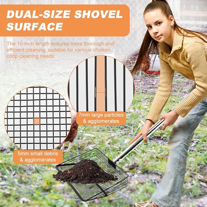 10inch Chicken Poop Scooper, Chicken Coop Scoop for Poop, 4 Sections Extended with 22 to 77inch Stainless Steel Adjustable Handle, Litter Scooper Sifting Shovel-PawvioPets