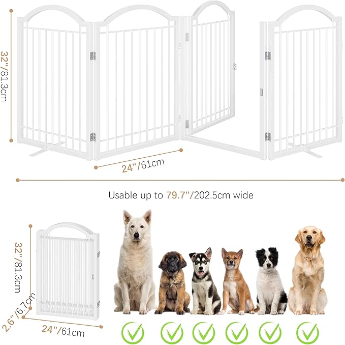 BHG Metal No-Assembly Freestanding Dog Gate with Door Walk Through, Extra Wide 96", Extra Tall 32" Pet Gate, Accordion Puppy Folding Playpen Dog Fence, with 2PCS Support (White, 4 Panels)-PawvioPets