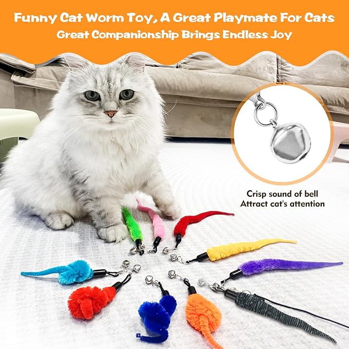 10PCS Cat Worm Toy, Cat Wand Attachment Fuzzy Worm Toys Refill with 1PCS Black String for Wand Replacement, Interactive Cats Kittens Toys for Indoor-PawvioPets