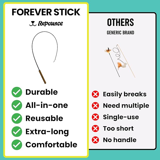 Forever Stick - The Unbreakable Cat Toy Wand, Extra Long Durable Interactive Cat Toy for Indoor Cats, Feather Kitten Toys for Bored Indoor Adult Cats, Bird Teaser Cat Accessories Enrichment-PawvioPets