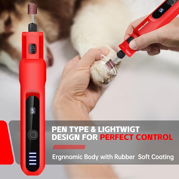 Dog Nail Grinder - Upgraded Pet Nail Grinder, Electric 5 Speeds LED Lights Ring Rechargeable Dog Nail Trimmers Kit, 40 Accessories Cordless Pet Nail Grinder for Dogs Cats and Small/Medium Animals Red-PawvioPets