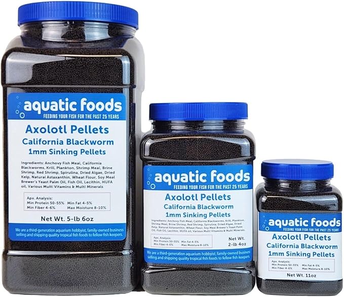 Aquatic Foods Inc. Axolotl Blackworm Pellets. 1mm-1/32 Sinking California Blackworm Micro Pellets for Baby Axolotl, Frogs, Shrimp, Salamanders, Newts, Snails…5-lbs 6oz Jar-PawvioPets