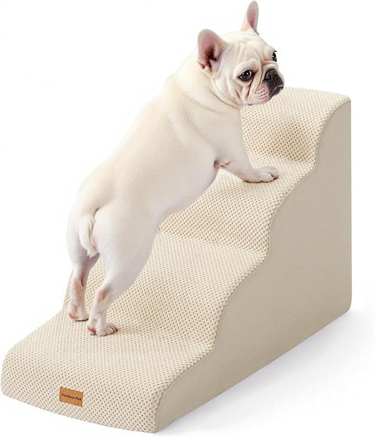 Gardner Pet Dog Stairs for Small Dogs 19.7" H, 4-Step Beige Curved Pet Stairs, Dog Steps for High Bed (18-24 in), Couch with Durable Non-Slip Waterproof Fabric Cover and CertiPUR-US Certified Foam-PawvioPets