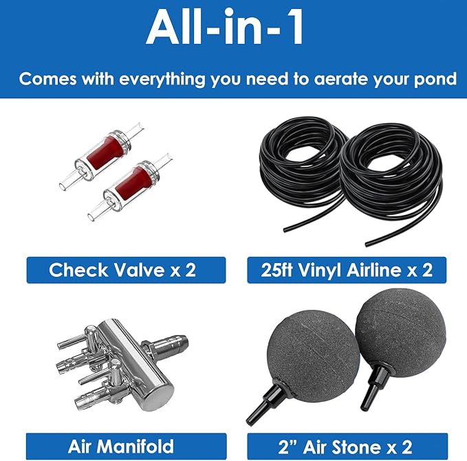 AquaMiracle All-in-One Koi Pond Aerator for Outdoor Ponds up to 1500 Gallons, Pond Air Pump Pond Aeration System with 2-Outlet Manifold Airline Tubing Air Stones Check Valves-PawvioPets