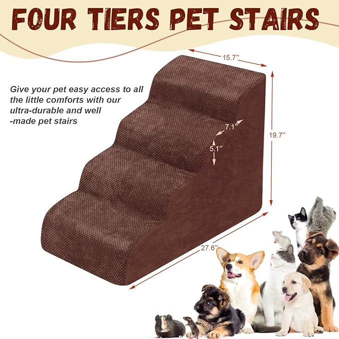 Dog Stairs for Small Dogs - High Density Foam Pet Steps, Extra Wide Dog Ramp with Non-Slip Bottom for High Beds, Couch and Sofa, Best for Dogs Injured, Older Doggy Cats,4 Steps, Brown-PawvioPets