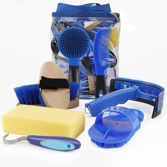 9 Pieces Grooming Kit with Tote Bag - Horse Brush Set, Sweat Scraper, Sponge, Hoof Pick, Curry Comb for Riders and Beginners (Blue)-PawvioPets