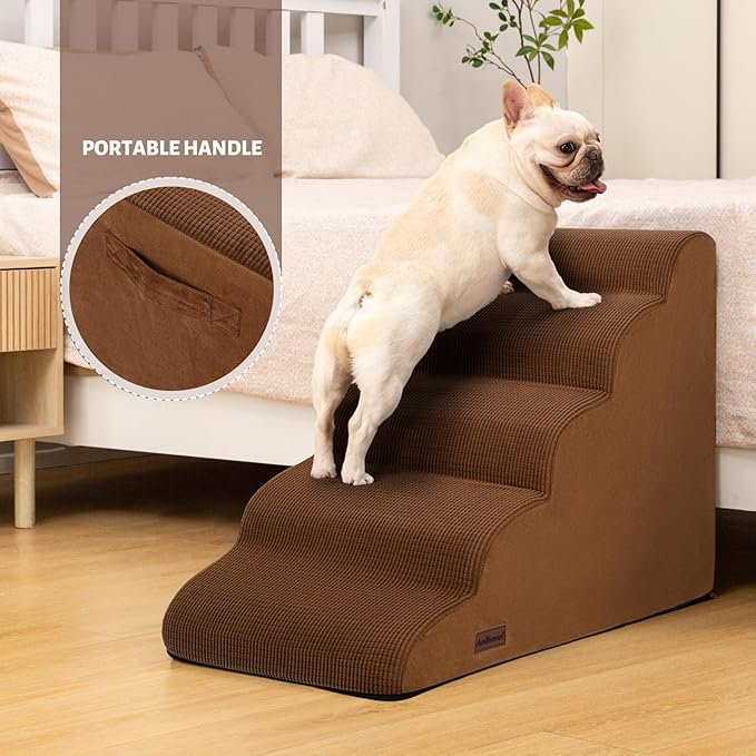 5-Step Dog Stairs and Ramp for High Bed,Non-Slip Sturdy Pet Steps for Small Dogs and Cats,22.2" H,Brown-PawvioPets