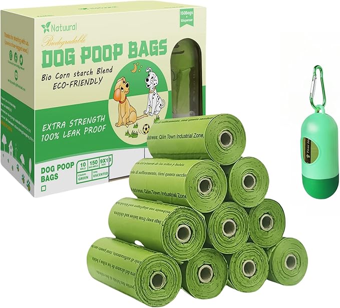 Dog Poop Bags-150 Counts with Holder (10 Rolls), Biodegradable Poop Bags, Eco-friendly and Easy to Open, Thick Dog Waste Bags (Green)-PawvioPets
