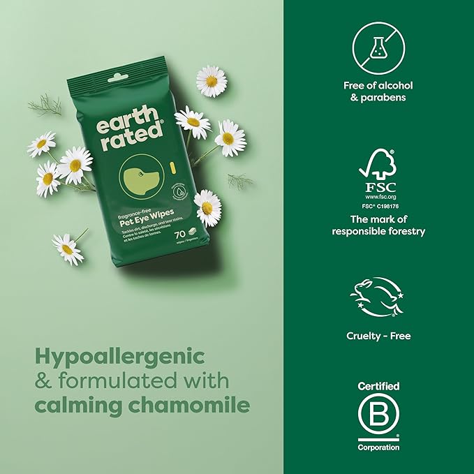 Earth Rated Vet-Developed Pet Eye Wipes, Hypoallergenic Cleaner for Dogs & Cats Eyes to Remove Dirt & Discharge, Fragrance Free, 70 Count-PawvioPets