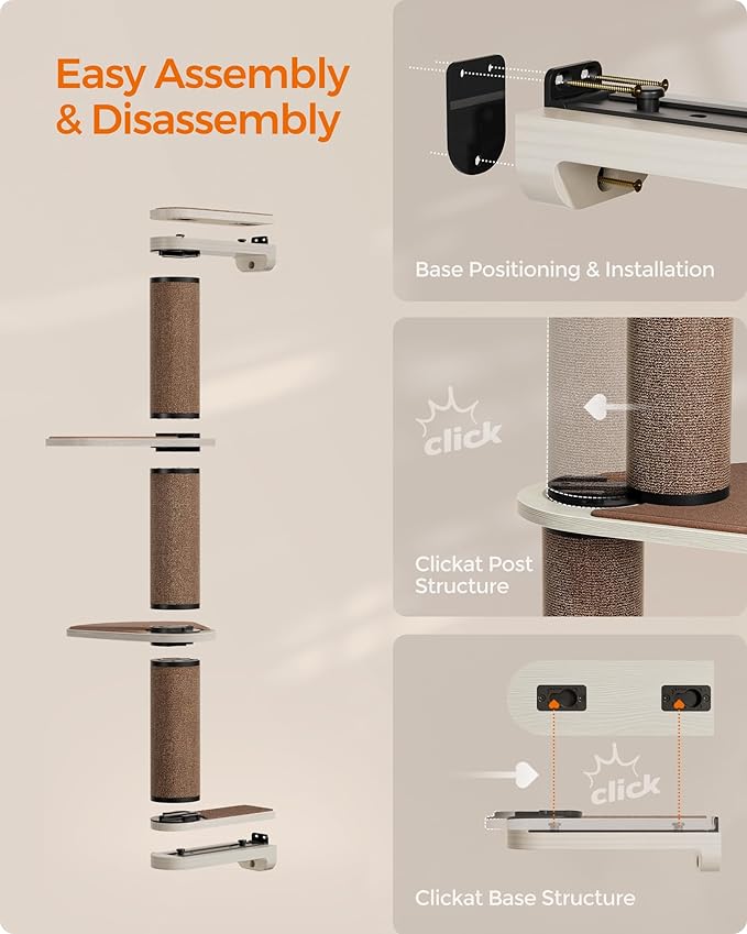 Feandrea Clickat Collection - No.006 Cat Tree Scratching Post, 39.7-Inch Tall Thicker Wall Mounted Cat Scratcher Posts, 2 Cats Perch Platform, Easy Assembly, Suit for Multi Cats Climb Play Nap Scratch-PawvioPets