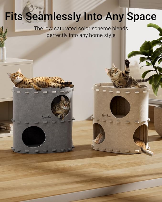 DownyPaws Cat House for Indoor Cats, 2-Storey Foldable Cat Bed Cave, Felt Cats Tunnel Bed Condo, Castle Kitten Cube Hideaway for Multicats, Scratch Resistant, Cream-PawvioPets