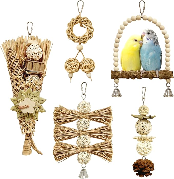 5-Pack Natural Flower Bird Toys – Foraging & Chewing Toys for Parakeets, Cockatiels, Conures & Small Birds – No Plastic, All-Natural Materials-PawvioPets
