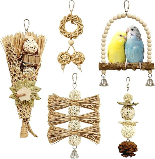 5-Pack Natural Flower Bird Toys – Foraging & Chewing Toys for Parakeets, Cockatiels, Conures & Small Birds – No Plastic, All-Natural Materials-PawvioPets