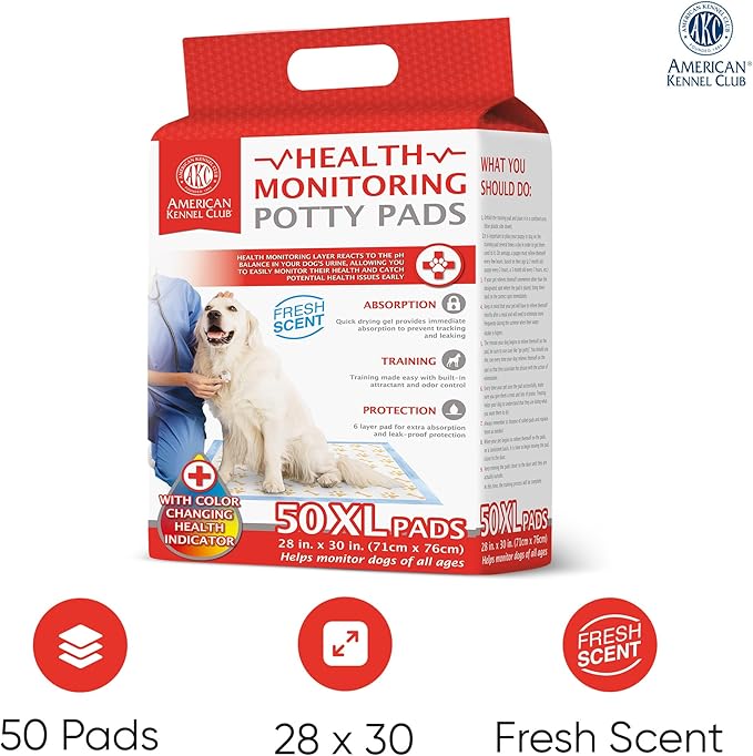 AKC Advanced Puppy Pads with Color-Changing Health+ Indicator and Ultra Absorbent Quick Dry Gel – 28"x30" Leakproof Training Pads for Dogs – Fresh Scented – 50 Count, X-Large-PawvioPets