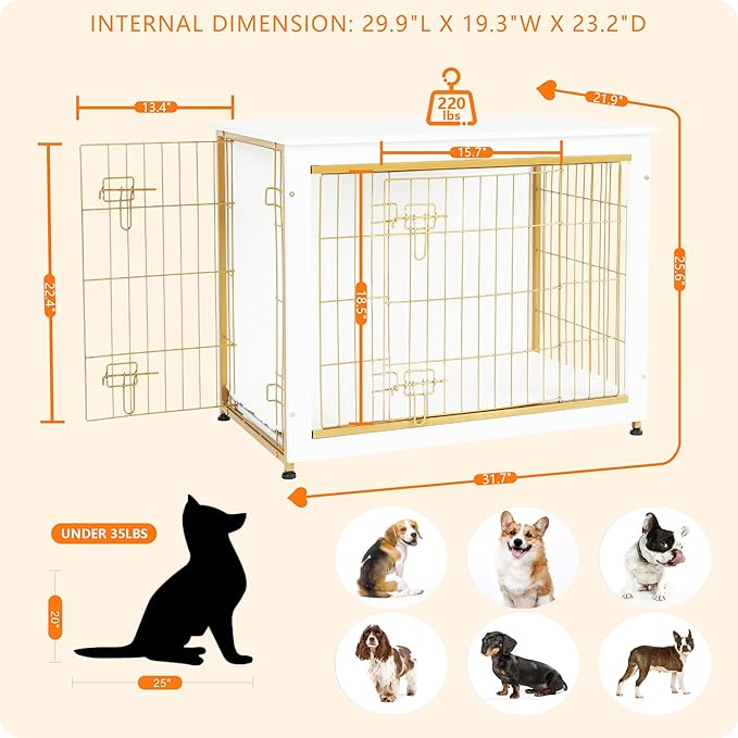 DWANTON Dog Crate Furniture with Cushion, Wooden Kennel Table with Double Doors, Indoor Dog House, Medium Size, 32.5" L, White-PawvioPets