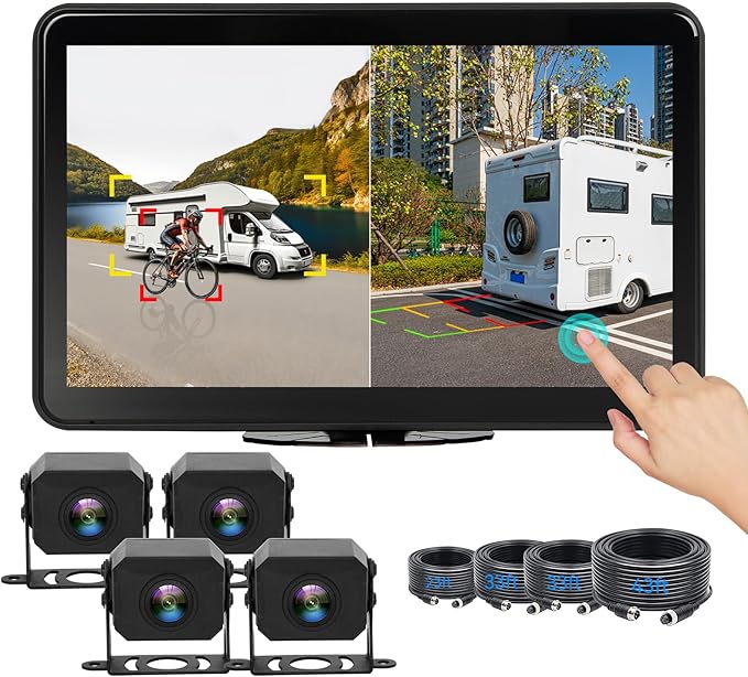 AI 4 Channel Dash Cam 1080P RV Backup Camera System with 10.1 Inch Touch Monitor,Person Detection MDVR Recording with 4pcs IP69K Waterproof Cameras for Truck/Trailer/Camper Van/SUV/Fleet-PawvioPets