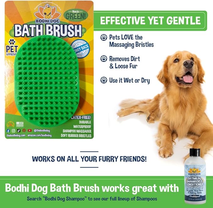 Bodhi Dog Shampoo Brush - Pet Grooming & Bath Supplies for Dogs and Cats - Bath Brush for Long & Short Hair - Premium Scrubber for Shower, Bathing & Massage (One Pack, Green)-PawvioPets