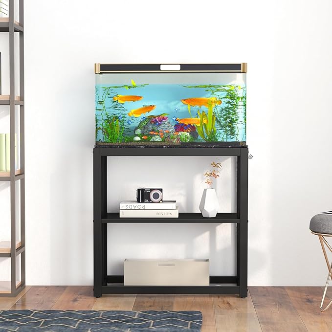 30.7" W x 13" Inch for 20-29 Gallon Long Fish Tank Stand With Storage Shelf, Aquarium Stand With Hooks,Heavy Duty Metal Turtle Reptile Tank Stand, Easy Assemble-PawvioPets