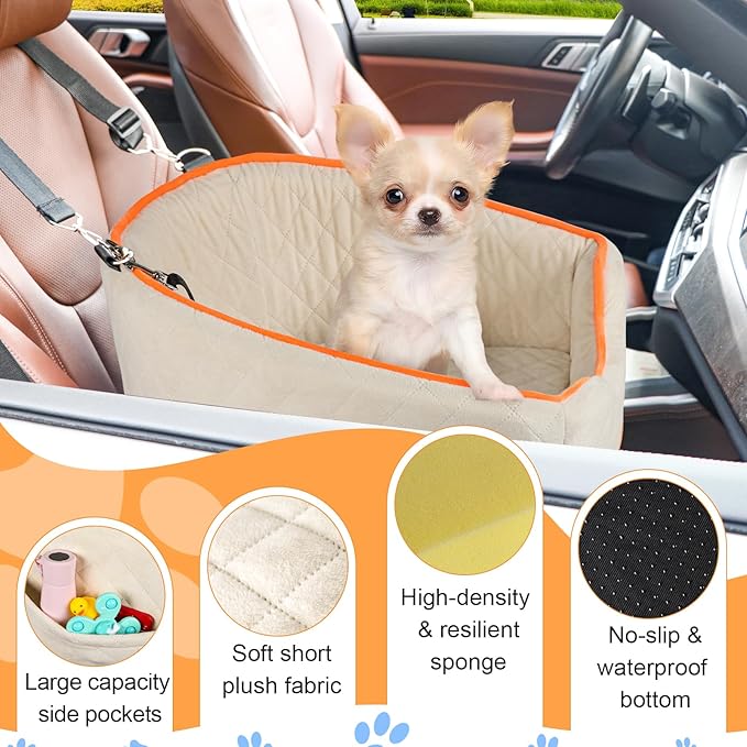 Dog Car Seat for Small Dogs, Memory Foam Booster Dog Seat for Dogs up to 35 lbs, Elevated Pet Car Seat, Travel Safety Pet Seat with Washable Removable Cover, Storage Pockets (Beige)-PawvioPets