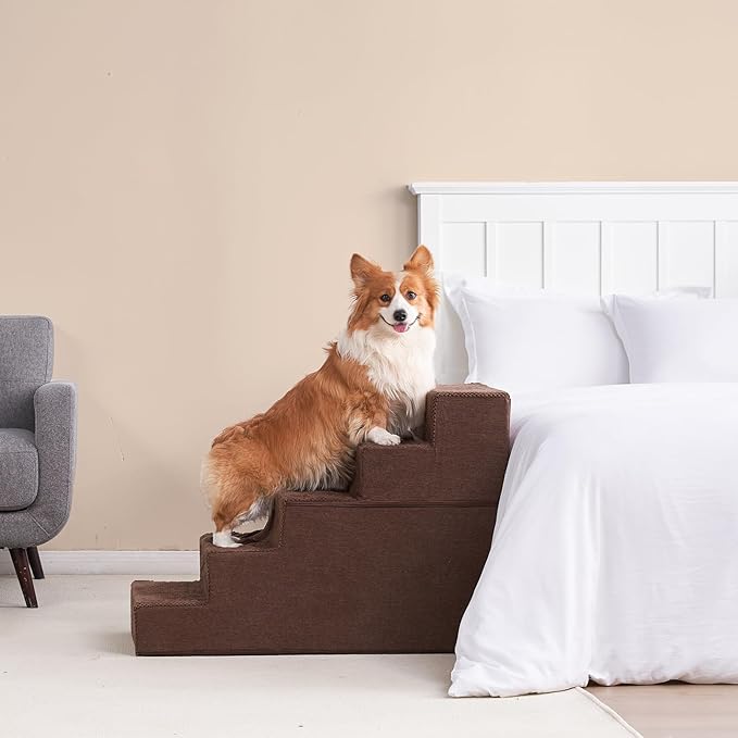 EHEYCIGA Dog Stairs for High Bed 25" H, 5-Step Extra Wide Dog Steps for Bed, Pet Steps for Small Dogs and Cats, Non-Slip Balanced Pet Ramp Indoor, Brown-PawvioPets