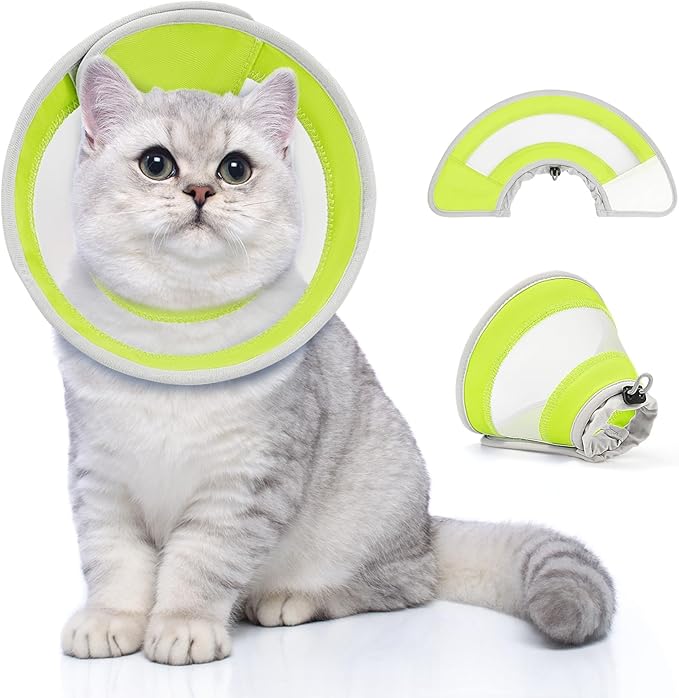Breathable Air Mesh Cat Cone Collar Soft to Stop Licking, Adjustable, Foldable Lightweight Kitten Cones After Surgery Recovery for Cats & Kittens (Yellow Green,L)-PawvioPets
