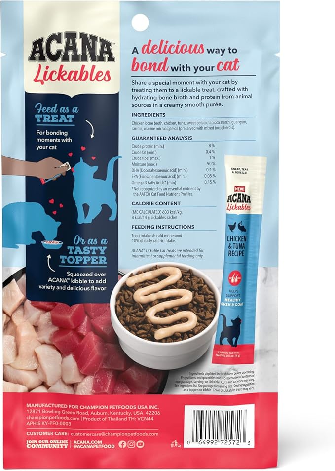 ACANA Lickables Cat Treats Chicken & Tuna Recipe .5oz Tubes (5 Count)-PawvioPets