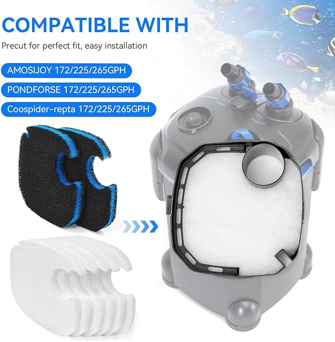 Canister Filter Pads Compatible with AMOSIJOY 172/225/265GPH Canister Filter Media Replacement for Pondforse 172/225/265GPH Aquarium Canister Filter for Aquariums Fish Tanks Turtle Tank 8 Pack-PawvioPets