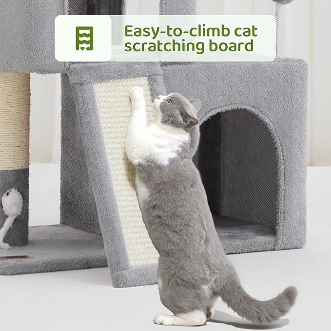 24inch Tall cat Tree with 2 cat condo and Mouse Toy Cozy Small cat Tower with Scratching Post and Board for Kitties and Small Cats.（Light Grey）-PawvioPets