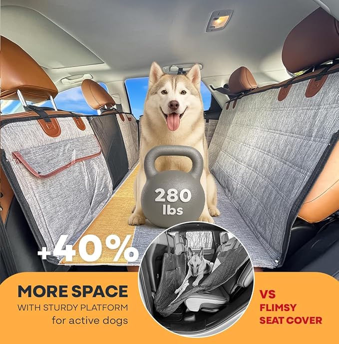 APetsPlanet Dog Car Seat Cover for Back Seat Hard Bottom - Waterproof Backseat Extender for Dogs - Pet Hammock for Car, Truck, SUV - Protector Bed with Mesh Window & Storage - Gray, with Door Covers-PawvioPets