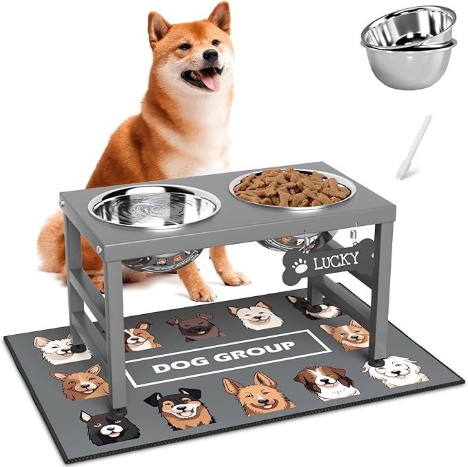 Elevated Dog Bowls, 10" Tall Height, Raised Bowl Stand with 2 Stainless Steel Food Feeder Bowls (58oz) and Spill-Proof Mat for Medium Large and Small Breeds, Grey-PawvioPets