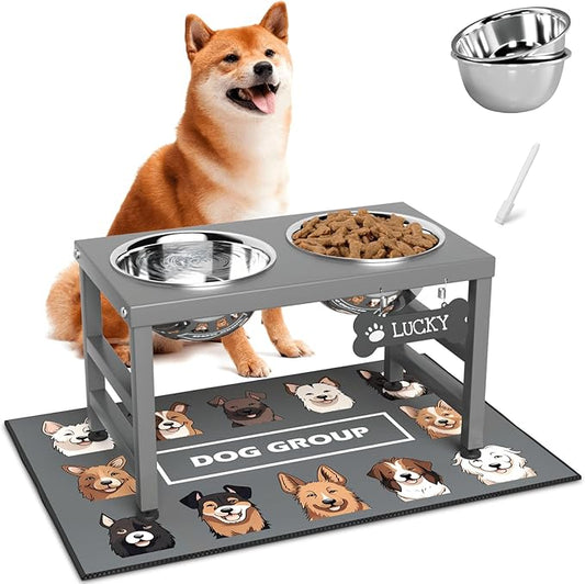 Elevated Dog Bowls, 10" Tall Height, Raised Bowl Stand with 2 Stainless Steel Food Feeder Bowls (58oz) and Spill-Proof Mat for Medium Large and Small Breeds, Grey-PawvioPets