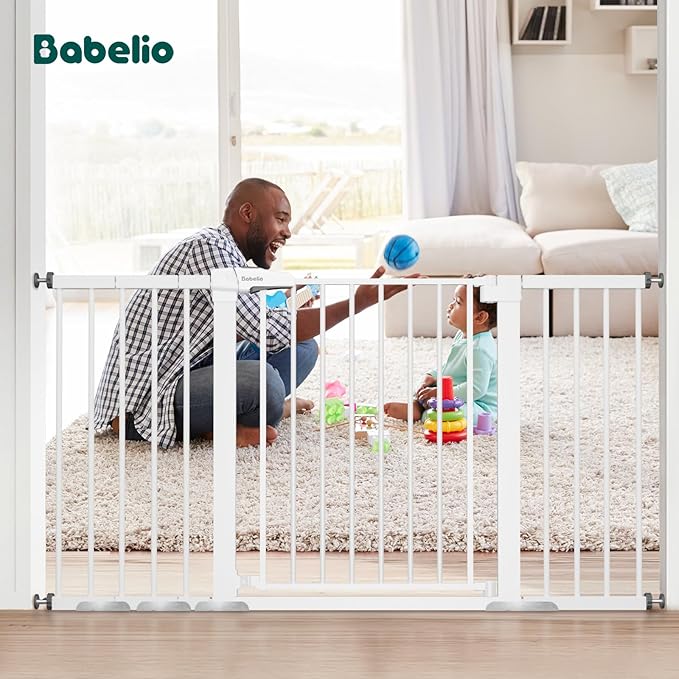 BABELIO 29-55 Inch Extra Wide Baby/Dog Gate, Metal Auto Close, Pressure Mounted Pet Door for Doorways, NO Need Tools and Drilling, with Wall Cups, White-PawvioPets