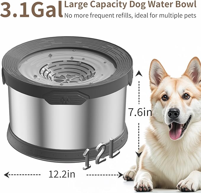 12L Dog Water Bowl No Spill 3.1 Gallon Super Large Capacity Stainless Steel No Splash Dog Bowls Slow Drinking Feeder with Non-Slip Base Pet Water Dispenser for Dogs-PawvioPets
