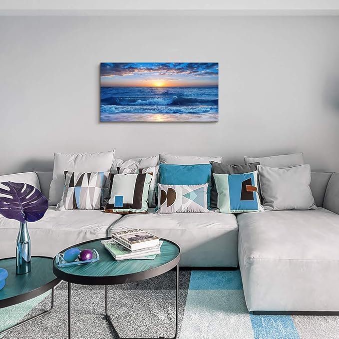 canvas wall art for living room Blue Ocean Sea sun landscape painting bathroom Wall Decor Ready to Hang for Home Decorations office family bedroom kitchen Works canvas Prints pictures 24" x 48"inch-PawvioPets