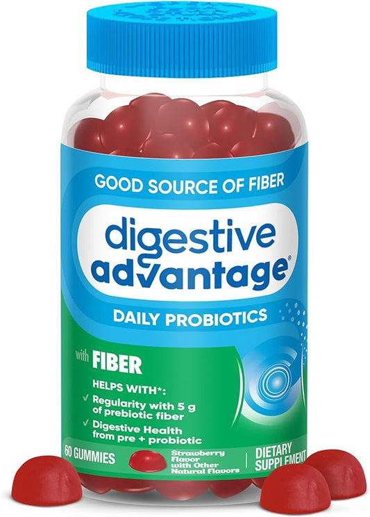 Digestive Advantage Prebiotic Fiber Gummies + Probiotics for Gut Health, 5g Prebiotic Fiber Plus 1 Billion CFU Probiotic, Supports Digestive Health & Regularity, (60ct Bottle) Strawberry Flavor*-PawvioPets