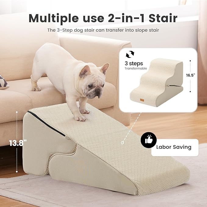 Gardner Pet Dog Stairs for Small Dogs 16.5" H, 2 in 1 Transformable 3-Step Pet Stairs and Dog Ramp for Couch (13-20 in), Beige Adjustable Pet Steps with Non-Slip Waterproof Cover and CertiPUR-US Foam-PawvioPets