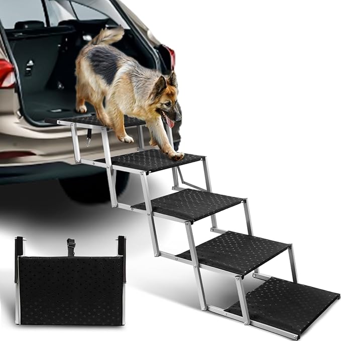 Extra Wide Dog Stairs for Large Dogs,Portable Folding Pet Stairs for Cars,SUV,Trucks,Dog Steps with Non-Slip Surface,Supports Up to 250 lb,5 Steps-PawvioPets