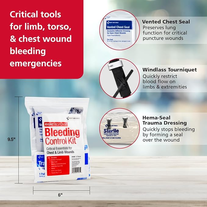 First Aid Only 91481 Critical Essentials Bleeding Control Kit for Chest & Limb Wounds, 9 Pieces-PawvioPets