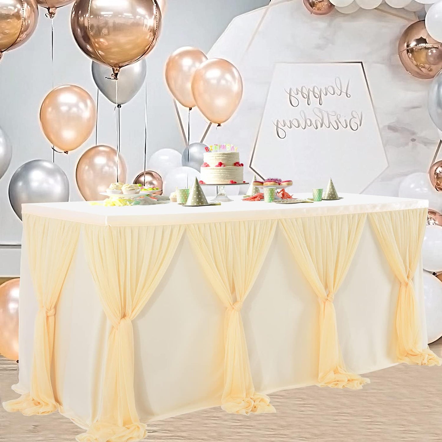 9ft Champagne Table Skirt for Weddings Table Cloth Elegant Tutu Table Skirt Cover for Birthday Party Baby Shower Dessert Buffet Banquet Decorations