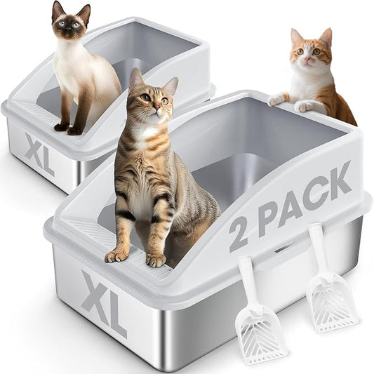2 Pack Stainless Steel Litter Box | XL Enclosed Cat Litter Boxes with Lid for Big Cats and Multi-Cats | High Sided, Anti-Urine Leakage | Non-Stick Bottom（Silver Gray）-PawvioPets