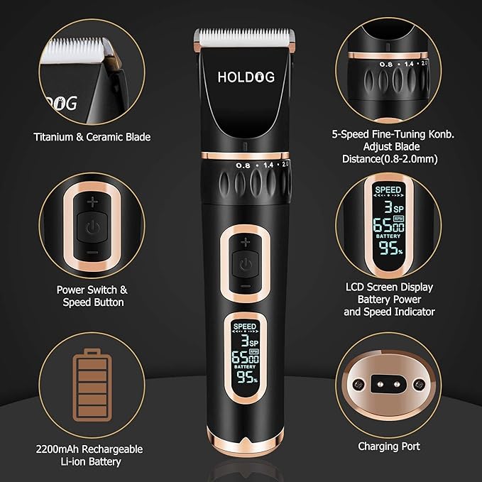 Dog Clippers Professional Heavy Duty Grooming Clipper 3-Speed Low Noise High Power Rechargeable Cordless Pet Tools for Small & Large Dogs Cats Pets with Thick Coats-PawvioPets